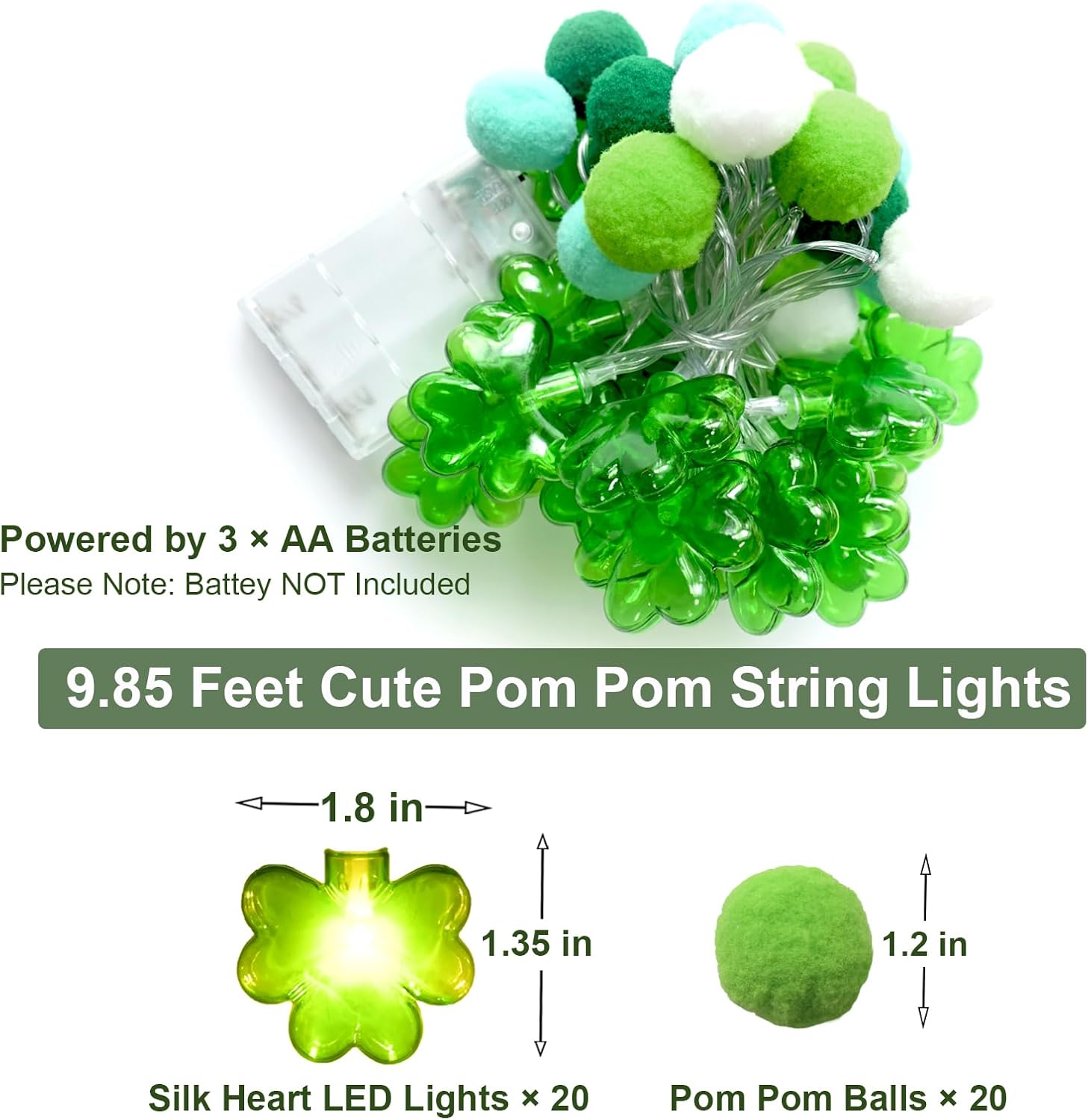 Skiennix St. Patrick's Day Garland Lights - 20 LED Shamrock Pompoms with Timer | 9.85ft Green Decor