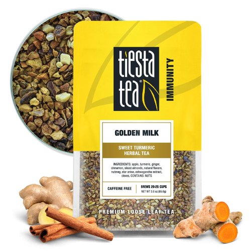 Tiesta Tea - Golden Milk, Loose Leaf, Sweet Turmeric Herbal Tea, Non-Caffeinated Herbal Blend, Makes Hot or Iced Up to 20-25 Cups, 3oz Resealable Pouch