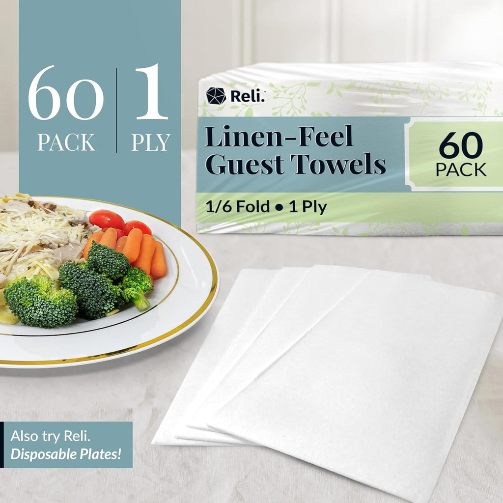 Reli. Disposable Bathroom Napkins - Linen-Feel Guest Towels (60 Pack) | Soft, Absorbent Paper Hand Towels | 12" x 15.75" | White