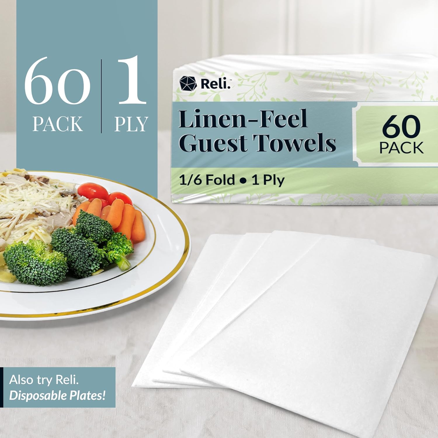 Reli. Disposable Bathroom Napkins - Linen-Feel Guest Towels (60 Pack) | Soft, Absorbent Paper Hand Towels | 12" x 15.75" | White