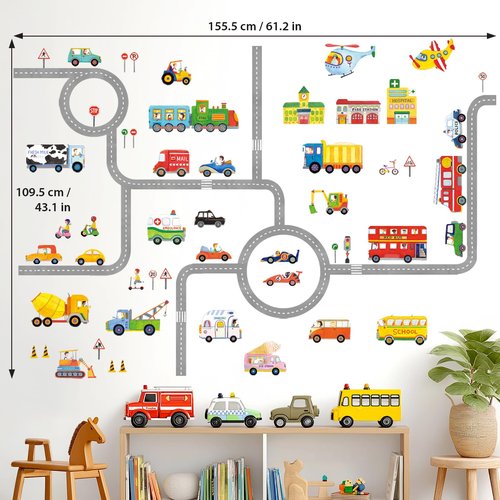 DECOWALL SG3-1404P1405 The Road and Cars Kids Wall Stickers Wall Decals Peel and Stick Removable Wall Stickers for Kids Nursery Bedroom Living Room (Medium) décor
