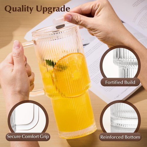 GOSCHE 26oz Glass Tumbler with Straws and Lids, Ribbed Iced Coffee Cups, Thickened Glass Cups Set Ideal for Coffee, Smoothies, Cocktails, and Juices, Clear, 2 Pack