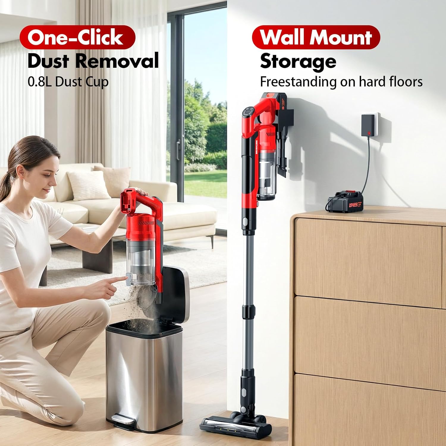 Skiennix Cordless Vacuum Cleaner - 8000mAh Battery, 3 Modes, 6-in-1 Handheld for Pet Hair & Hardwood (Red)