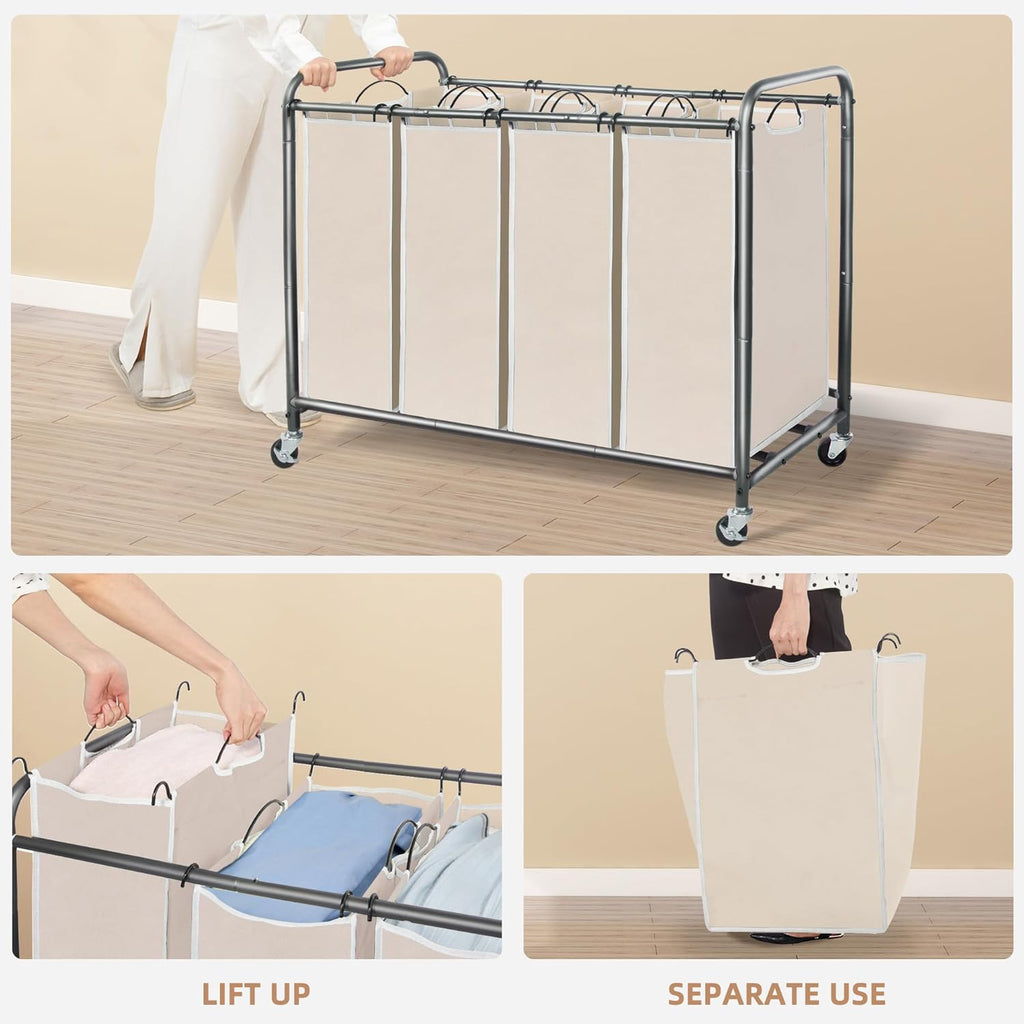 Storage Maniac Laundry Sorter - 4-Section 47.8 Gal Hamper Cart with Wheels & Removable Bags - Beige