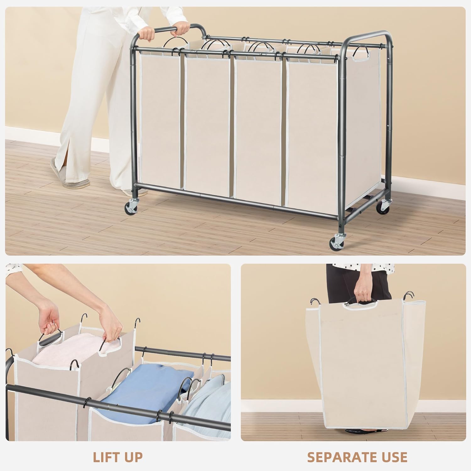 Storage Maniac Laundry Sorter - 4-Section 47.8 Gal Hamper Cart with Wheels & Removable Bags - Beige