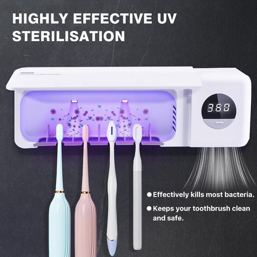 Smart Toothbrush Holder Toothbrush Cleaner and Holder for Bathrooms-4 Toothbrush Slots & Timer Function, Rechargeable Cordless Wall Mounted Toothbrush Holders,Clean,Dry for Home,Travel