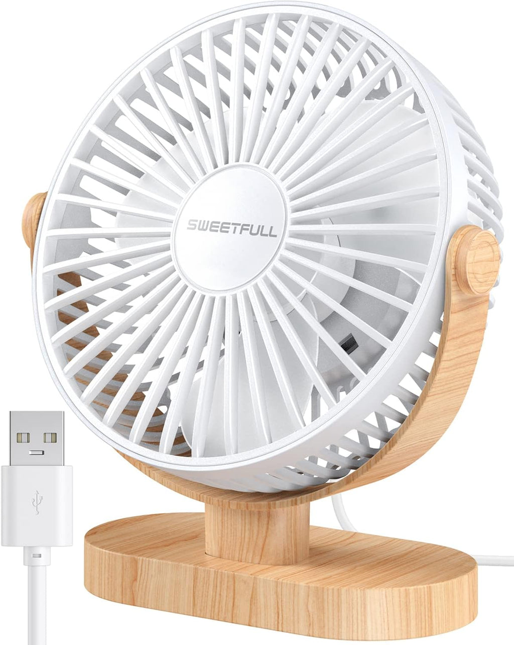 Sweetfull USB Desk Fan - 6.5 Inch Portable Mini Fan with 3 Speeds & 360° Adjustment | Quiet Operation, White Wood Grain