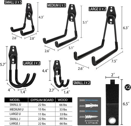 KOFANI Steel Garage Storage Hooks - 16 Pack Heavy-Duty Wall Mount Hooks with Anti-Slip Coating for Bikes, Ladders & Tools
