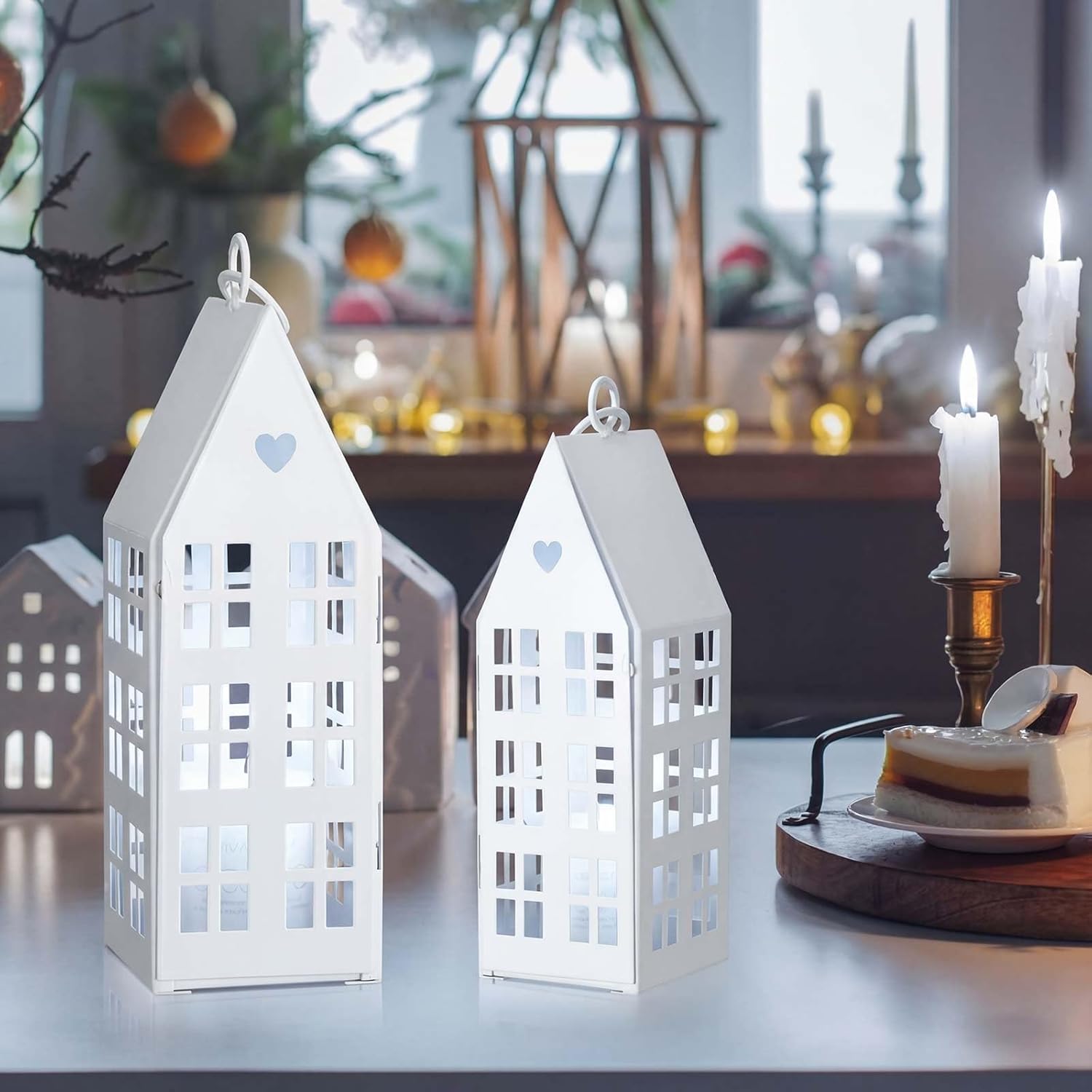 SiliFine White Farmhouse Village Set - 2 Rustic Houses with 2 White Candles | Modern Lantern Decor for Home & Events