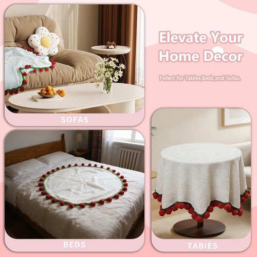 Lomxene Handmade Roses Flower Bouquet Blanket Crochet Red Flowers and Green Lace for Birthday Wedding Valentines Day Home Decor (Red 52 Roses - Finished)