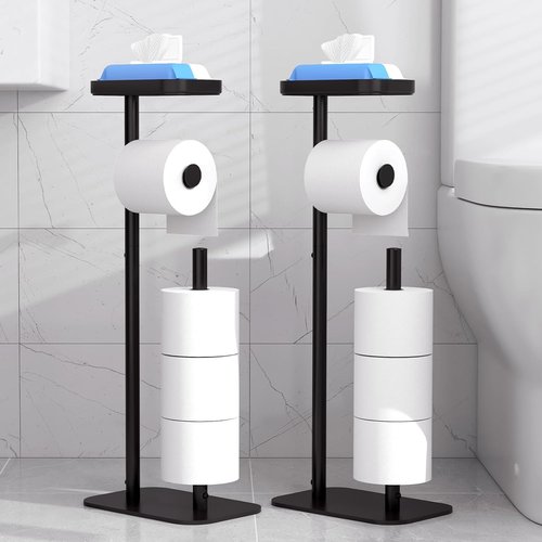 Kitsure Free Standing Toilet Paper Holder - Rustproof Metal Stand for 4 Rolls with Anti-Slip Base & Shelf, Black | 2-Pack