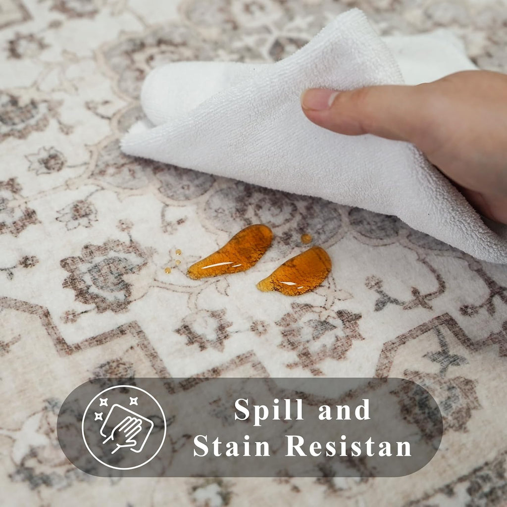 Skiennix Washable Large Area Rug - Non-Slip Stain Resistant Soft Medallion Design | 9x12 Beige/Cream