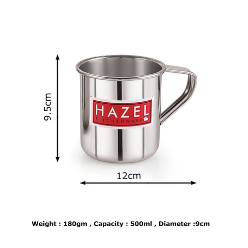Hazel Stainless Steel Multipurpose Mug | Steel Camping Mug | Steel Mug for Bathroom Shower Home | Strong and Sturdy Mug, 500 ml, Silver