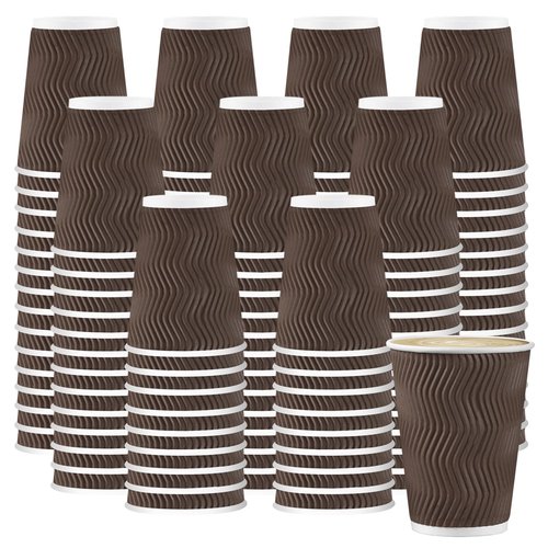 BYSNOW 500 Pack 12 oz Coffee Cups, Disposable Insulated Corrugated Ripple Wall Paper Coffee Cups, Hot Cold Drinking Cups for Office, Home, Party, Cafe, Travel (Brown)