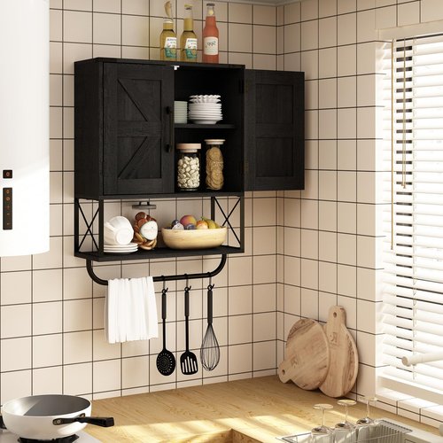 RUSTOWN Farmhouse Medicine Cabinet with 2 Barn Door, Wood Wall Mounted Storage Cabinet with Adjustable Shelf and Towel Bar, 3-Tier Bathroom Cabinet for Bathroom, Living Room(Black, Medium)