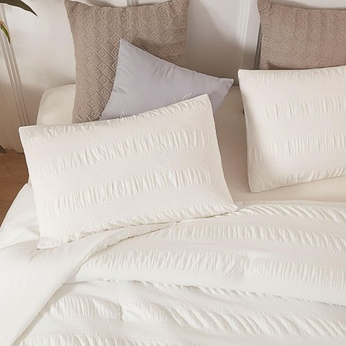 Catesgoo Queen Comforter Set Cream White, 3 Pieces Seersucker Bed Set, Soft & Warm Lightweight Bedding Comforter Sets for All Season, Bedding Sets with Comforter, 2 Pillowcases