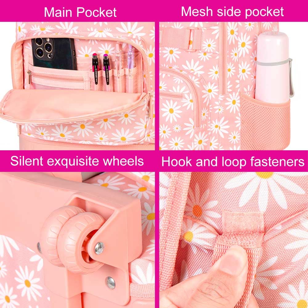 AGSDON Rolling Backpack for Girls, Women Roller Wheels Bookbag, Laptop Daisy Wheeled School Bag with Wheels for Teens