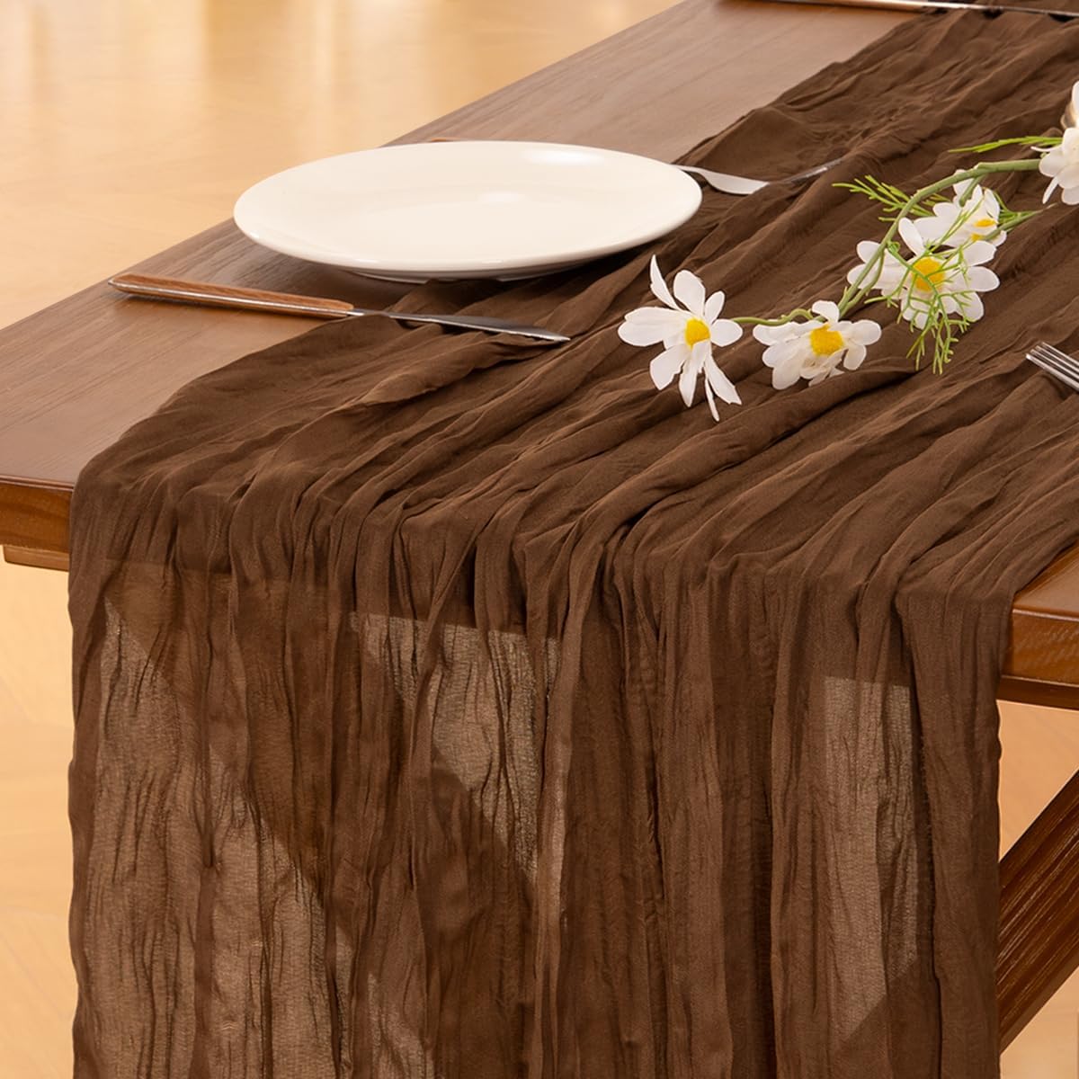 Socomi 3-Piece Brown Coffee Cheesecloth Table Runner - Boho Rustic 120 Inch for Weddings & Events