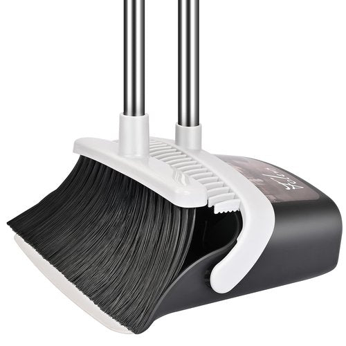 Folews Broom and Dustpan Set, Heavy Duty Dust Pan with Long Handle 51 Inch Broom with Dustpan Combo Set Upright Self-Cleaning Dust Pan Home Kitchen Lobby Indoor Outdoor Sweeping Cleaning Tool - Gray