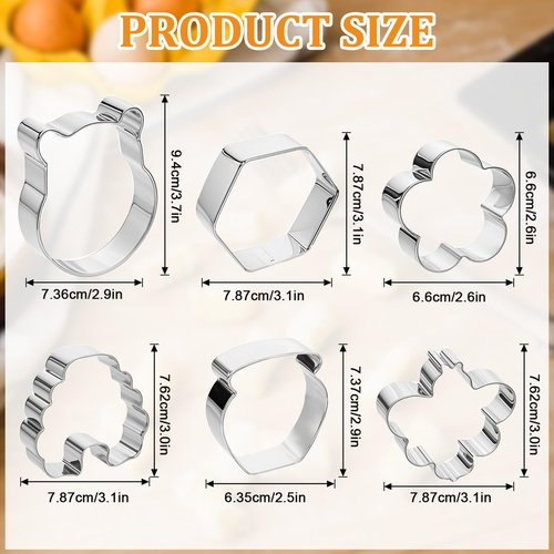 Thinp 6 Pack Bee Cookie Cutter Set-Pooh Bear,Bee,Beehive,Hexagon Honeycomb,Flower and Honey Jar Stainless Steel Cookie Cutters for Honey Bee Party Baking Muffins Decoration Holiday Bakeware