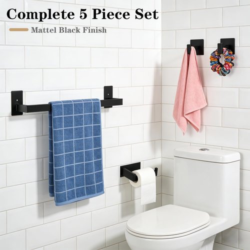 Vanloory 5 Pieces Self Adhesive Bathroom Hardware Set-SUS304 Stainless Steel-Towel Rack Set Include 16″Towel Bar+Toilet Paper Holder+3 Towel/Robe Hooks Bathroom Accessory (Matte Black, 16 in)