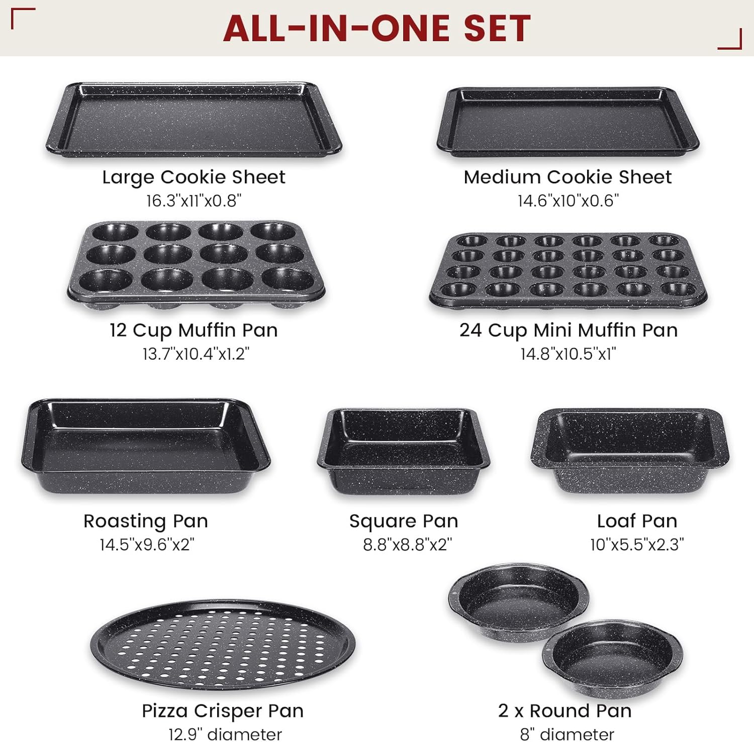 Terlulu 10-Piece Nonstick Baking Pans Set - Versatile Bakeware for Oven Cooking | Carbon Steel, Black
