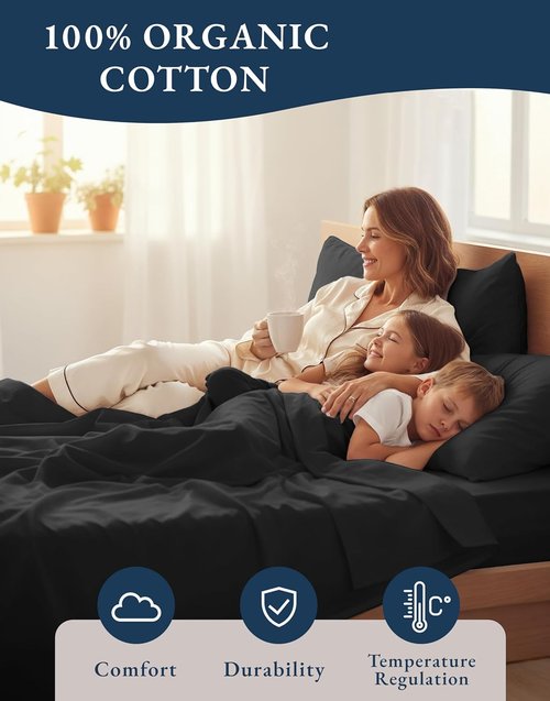 Lane Linen 100% Organic Cotton California King Sheets Set - Ultra Soft, Breathable 4-Piece Bedding in Black