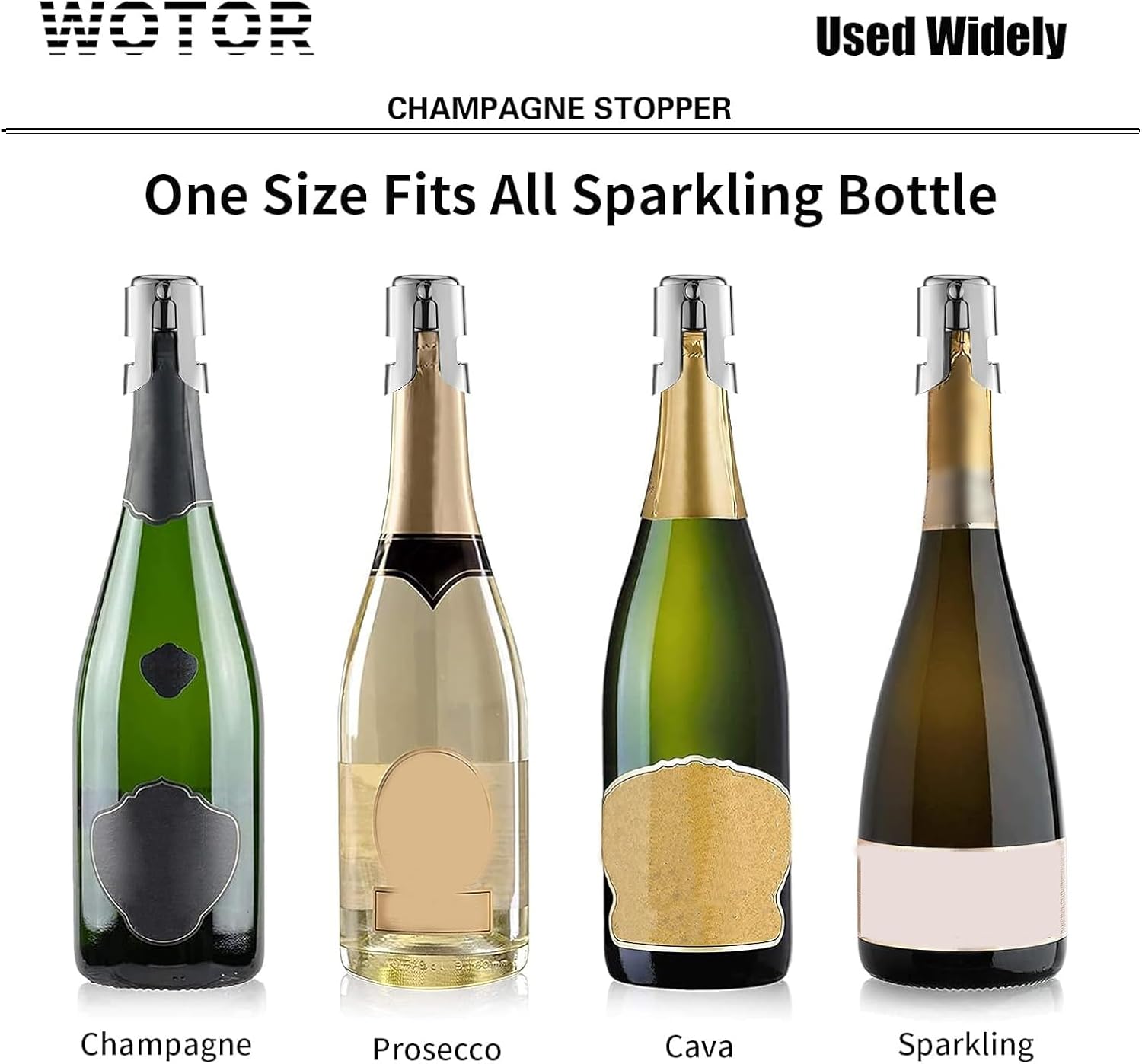 WOTOR Champagne Stoppers Stainless Steel, Prosecco Bottle Stopper with Food Grade Silicone, Reusable Champagne Cork & Saver, Leak proof Keep Fresh (Silver, 6 Pack)