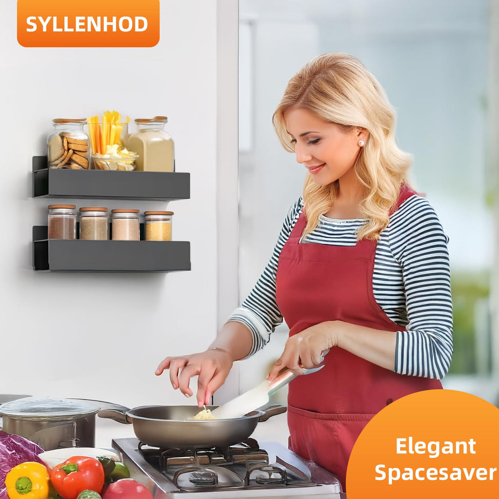 SYLLENHOD Kitchen Spice Rack for Wall: 2 Packs Black Adhesive Spice Racks Wall Mount - 11.8" Large Hanging Storage Organizer Cabinet Without Drilling for Work Room Bathroom Shelves