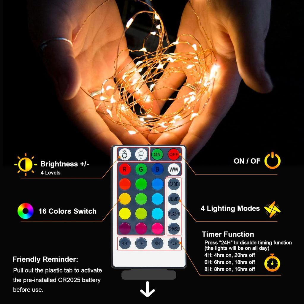 Skiennix 39Ft LED Fairy Lights - RGB Color Changing String Lights with Remote & Timer | Battery Operated for Indoor/Outdoor Use