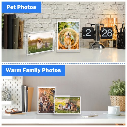 M-sorflly Small 4×4 Inches Acrylic Picture Frame,Clear Magnetic Picture Frame for Wedding,Double Sided Frameless Photo Frame for Desktop Free Standing,Display Stand Acrylic Frame