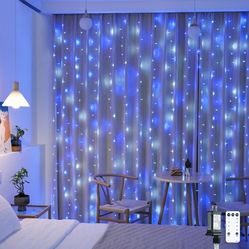 JMEXSUSS 300LED Christmas Curtain Lights - Remote Control Blue & White Fairy Lights | 9.8x9.8ft Indoor/Outdoor Decor