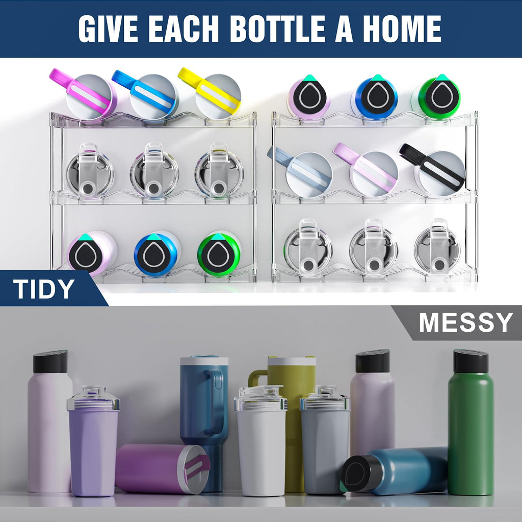 AWGOU Stackable Water Bottle Organizer for Cabinet, Bottle and Other Tumbler Organizer for Kitchen Cabinets,Clear Stackable Water Bottle Holder and Wine Rack