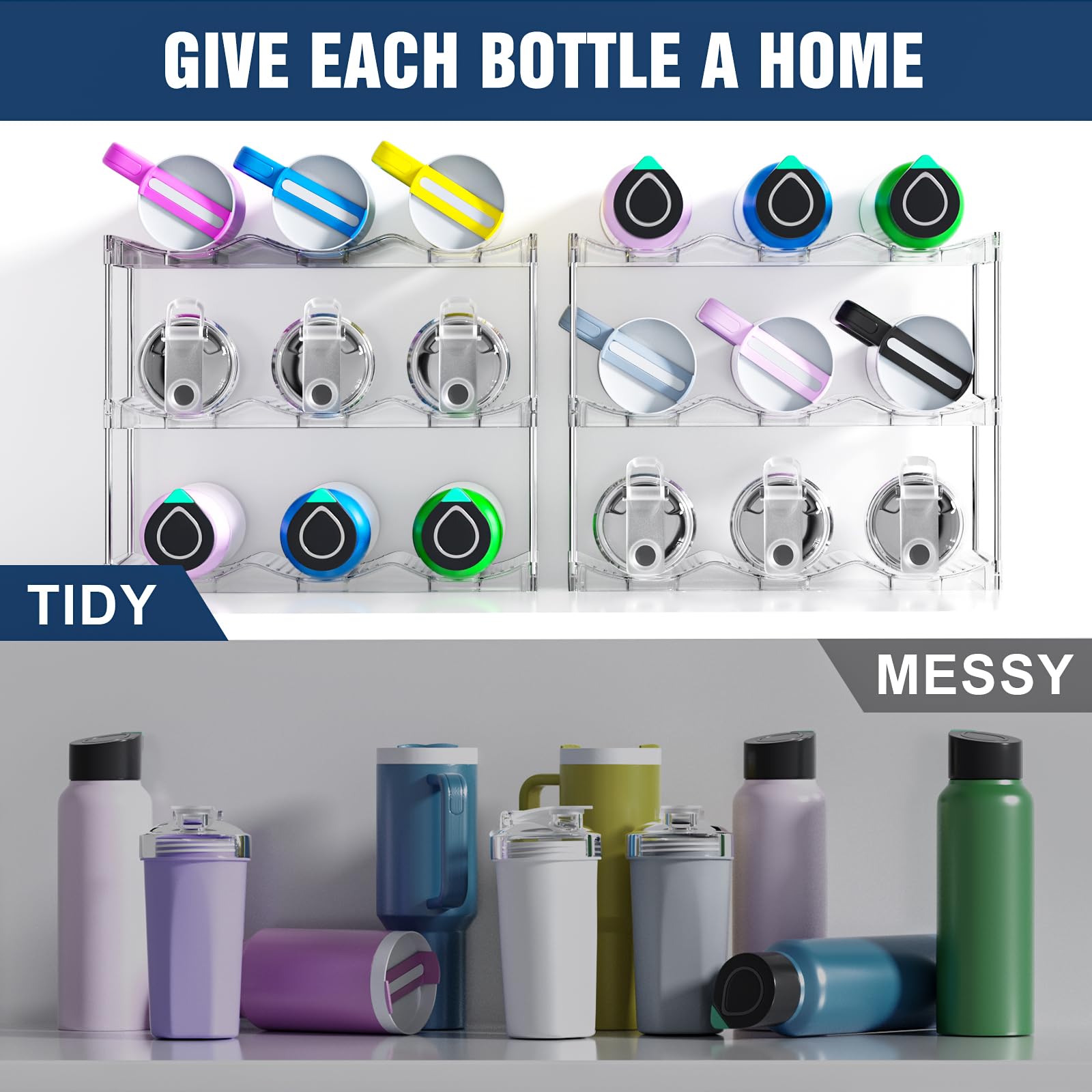 AWGOU Stackable Water Bottle Organizer for Cabinet, Bottle and Other Tumbler Organizer for Kitchen Cabinets,Clear Stackable Water Bottle Holder and Wine Rack