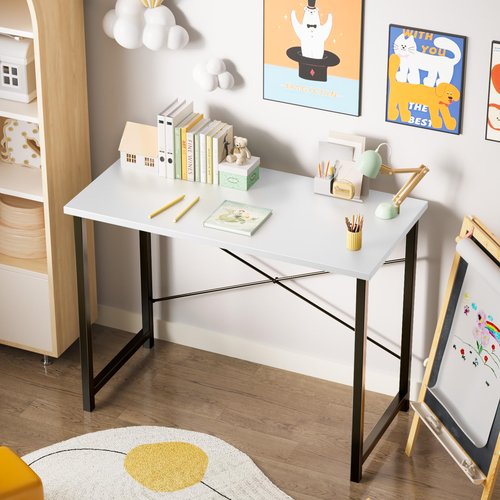 Sweetcrispy Small Computer Desk,32 Inch Office Writing Work Desk with Metal Frame Wooden Tabletop, Student Study Home Bedroom Table with X-Shaped Reinforcement, Black Leg White Top