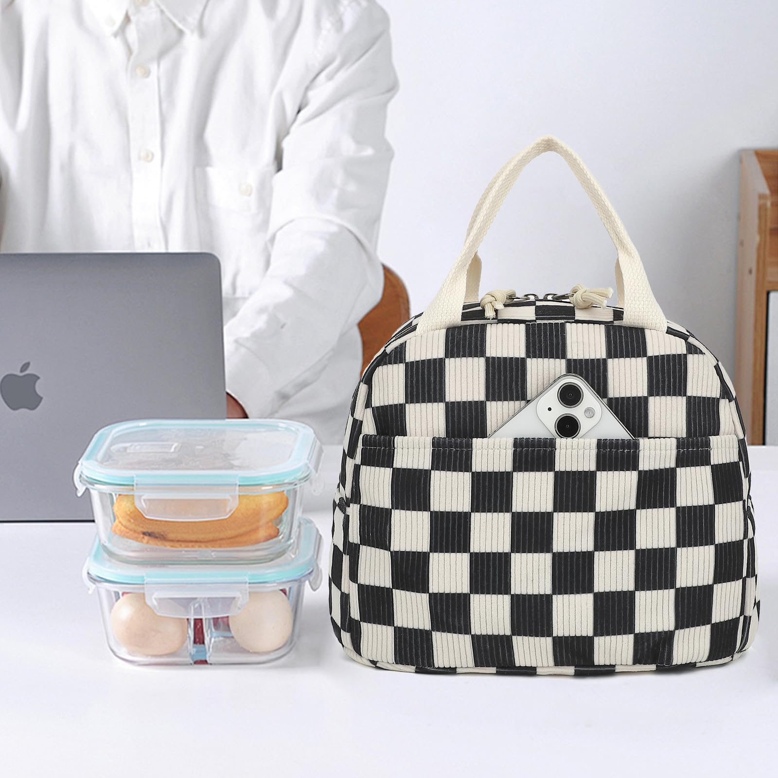 Dezcrab Corduroy Lunch Box for Women Girls, Cooler Lunch Bags Reusable Insulated Lunchbox for Picnic School Work Travel (Checkered Black)