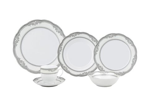 Lorren Home Trends Victoria-24 24 Piece Victoria Design Porcelain Wavy Edge Dinnerware Set, White