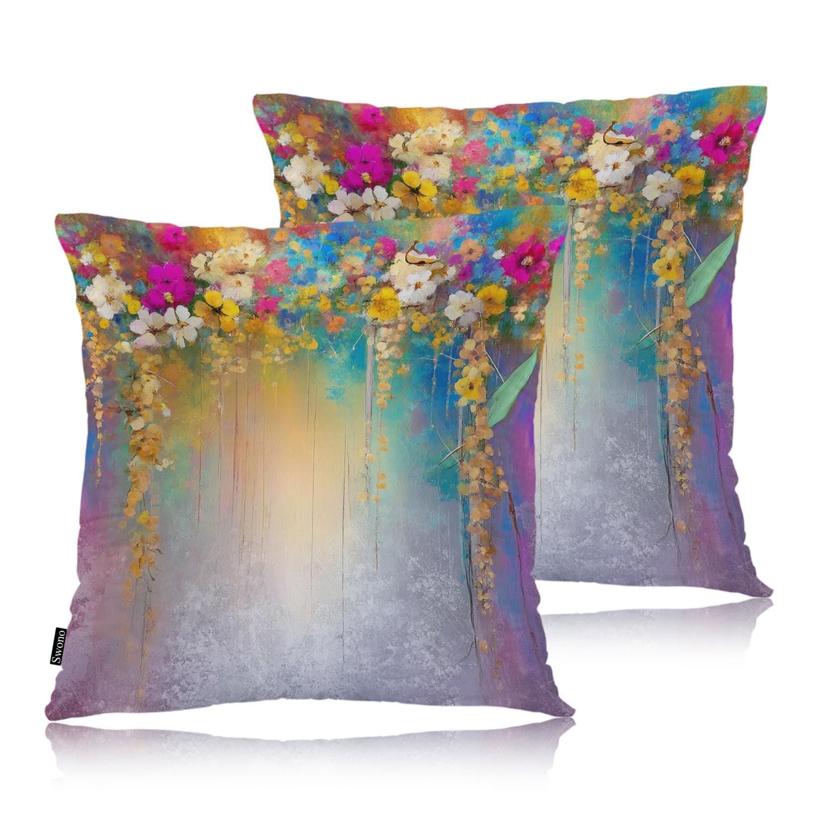 Swono Set of 2 Decorative Throw Pillow Covers Ivy Flowers, Abstract Blossom Floral Farmhouse Pillowcases Accent Pillow Cushion Cover for Couch Sofa Bed Office Armchair 18 X 18 Inch, Rainbow Purple