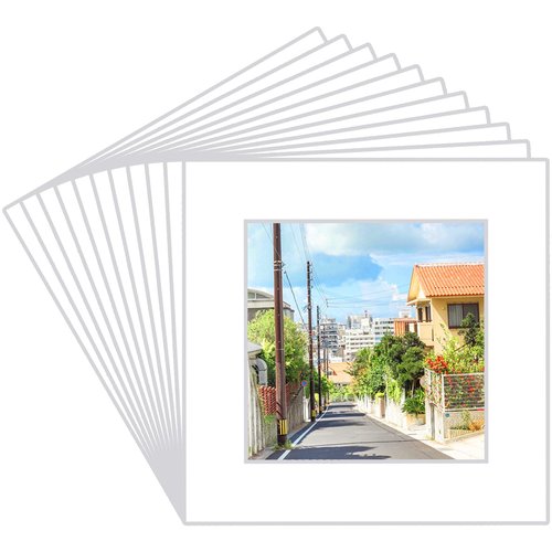 Prudiut 15 Pack 12x12 White Picture Mats, Frame Mattes for 8x8 Pictures Display Photo Frame Mat Core Bevel Cut Mat Board Show Kit for Photos, Prints, Artworks