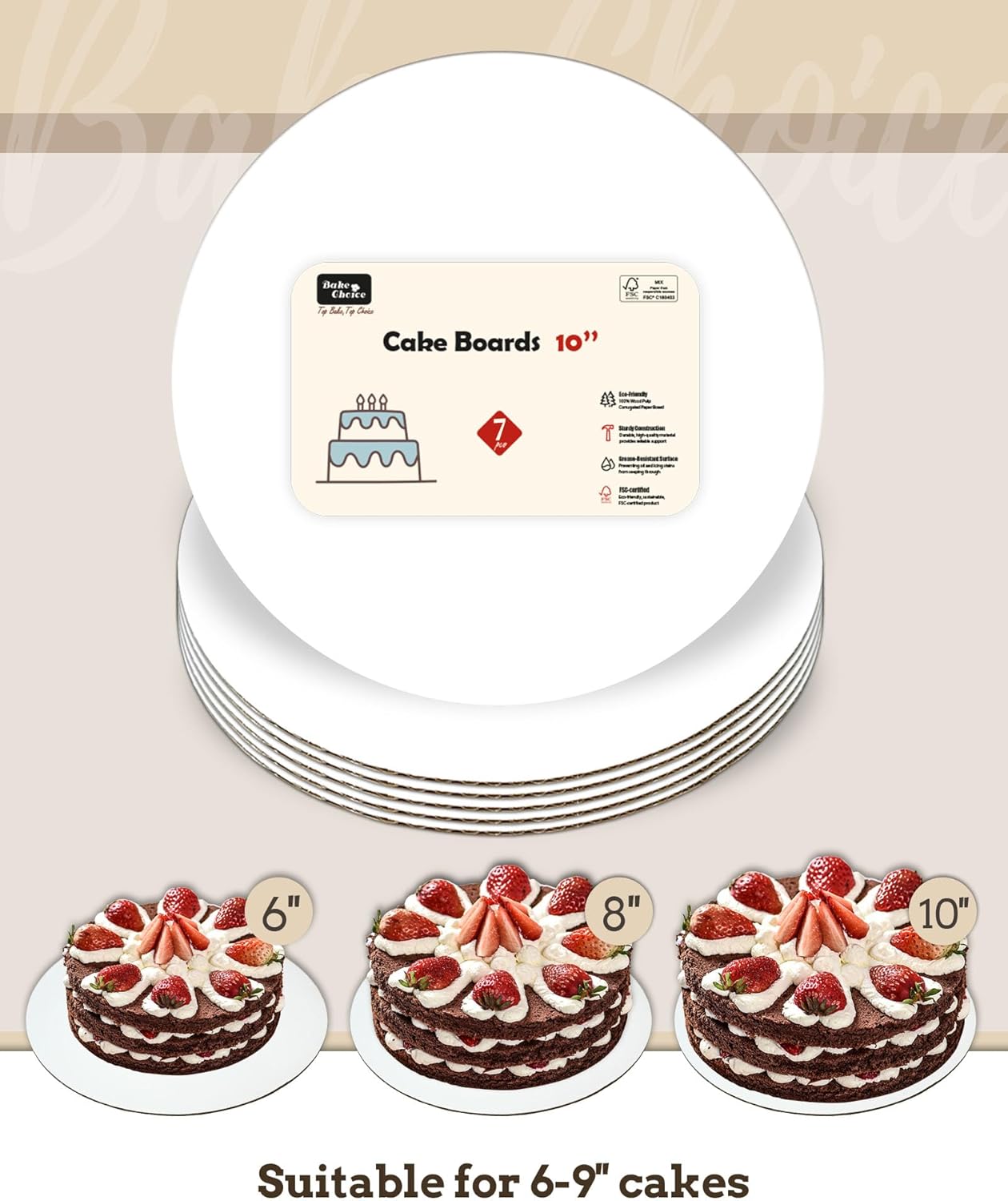 Bake Choice 10-Inch Round Cake Boards - 7 Pack Food-Grade, Waterproof & Oil-Proof Corrugated Bases