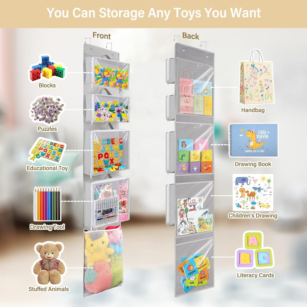 Woodoulogy Hanging Toy Storage - Over Door Stuffed Animal Organizer with 4 Removable Bags | Bi-Fold Closet Holder
