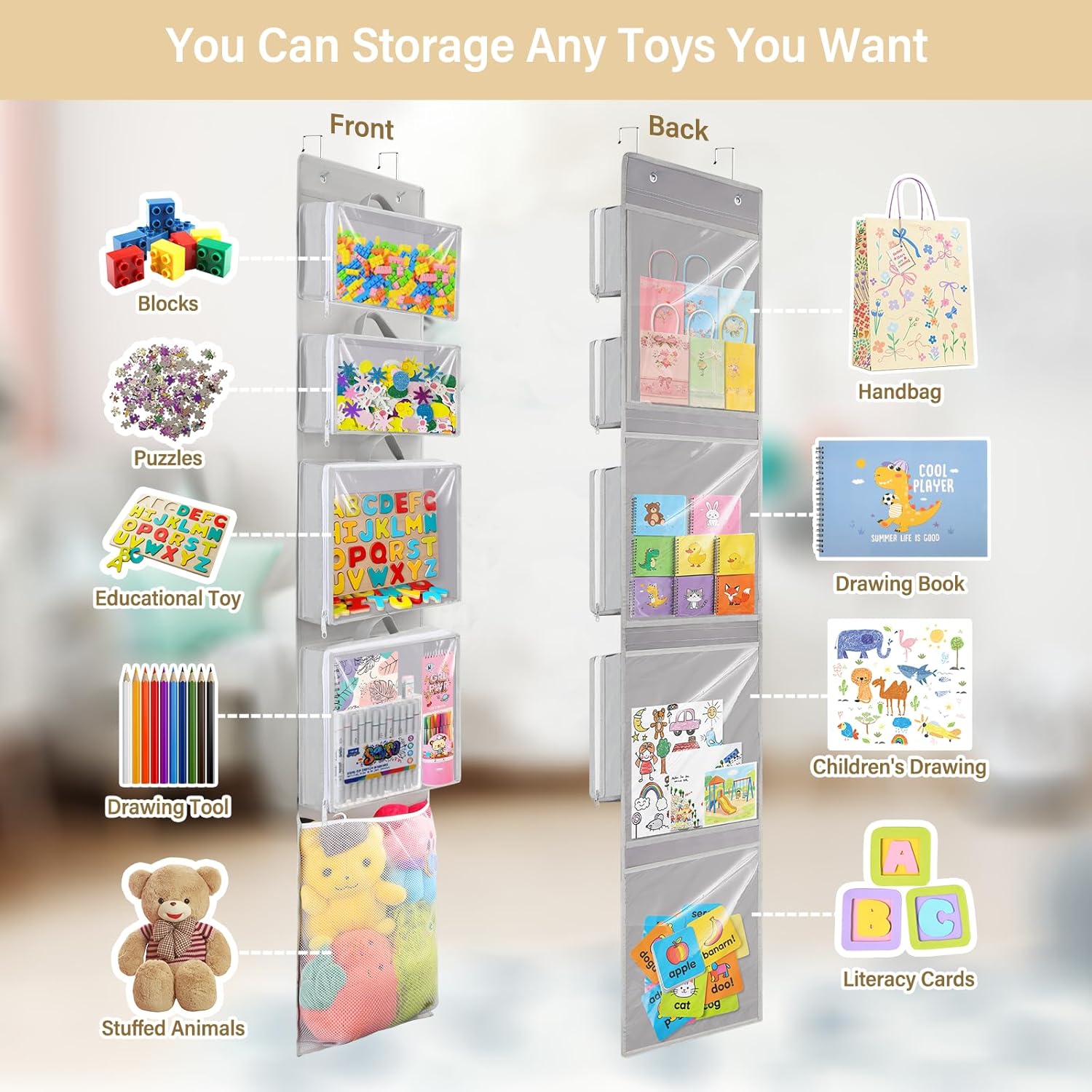 Woodoulogy Hanging Toy Storage - Over Door Stuffed Animal Organizer with 4 Removable Bags | Bi-Fold Closet Holder
