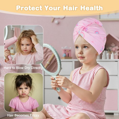 FIOBEE Microfiber Hair Towel Wrap for Kid Rapid Drying Towel Absorbent Hair Turbans for Wet Hair with Button Women Girls Long Curly Hair Pack of 2, Pink/Coffee Rainbow