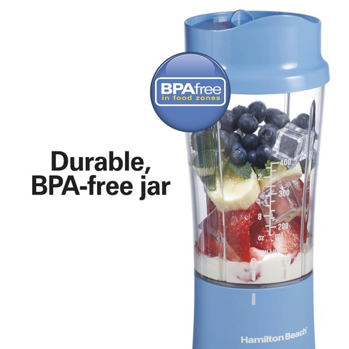 Hamilton Beach Portable Blender for Shakes and Smoothies, 14 Oz BPA Free Travel Cup & Lid, Durable Stainless Steel Blades, Personal Smoothie Blender, Tranquil Blue (51172)
