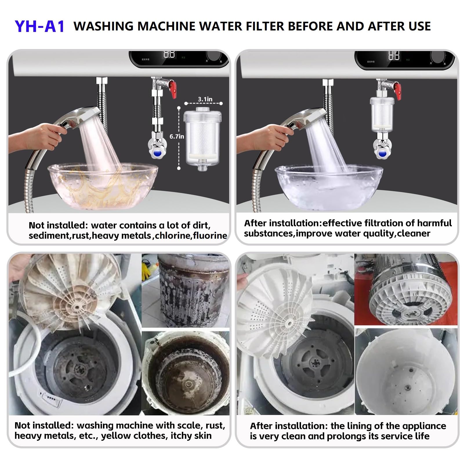 ZHYUUAX 1 Micron High Density Washing Machine Water Filter, Visible Washer Water Filter System, 99.5% Removal of Chlorine Fluoride, Heavy Metals, Odor, Impede Scale, Relieve Dry Skin ACF Shower Filter