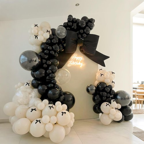 Black White Gold Balloon Garland Kit, 115Pc Beige Sand Black Cream Metallic Gold Balloon Arch Explosion Star Foil Balloons for Girls Women Birthday Bachelorette Graduation Coquette Party Decoration
