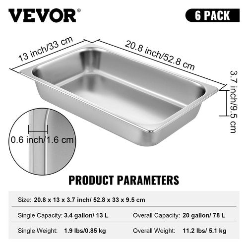 VEVOR Hotel Pans Full Size 4-Inch Deep, Steam Table Pan 6 Pack,0.8mm Thick Stainless Steel Anti Jam Steam Table Pan for Home, Party, Restaurant, Hotel, Buffet
