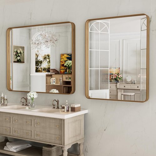 LOAAO Bathroom Mirror - 40x30 Inch Rounded Rectangle with Wood Grain Metal Frame | Anti-Rust, Versatile Hanging Options