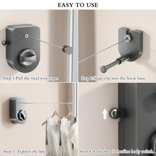 CICUFY Retractable Clothesline Indoor, Non-Sagging Clothes Line Outdoors,13.7 Ft Heavy Duty Clothesline with Telescopic Hanging Rod, Wall Mounted Space-Saving Laundry Line (Gray)