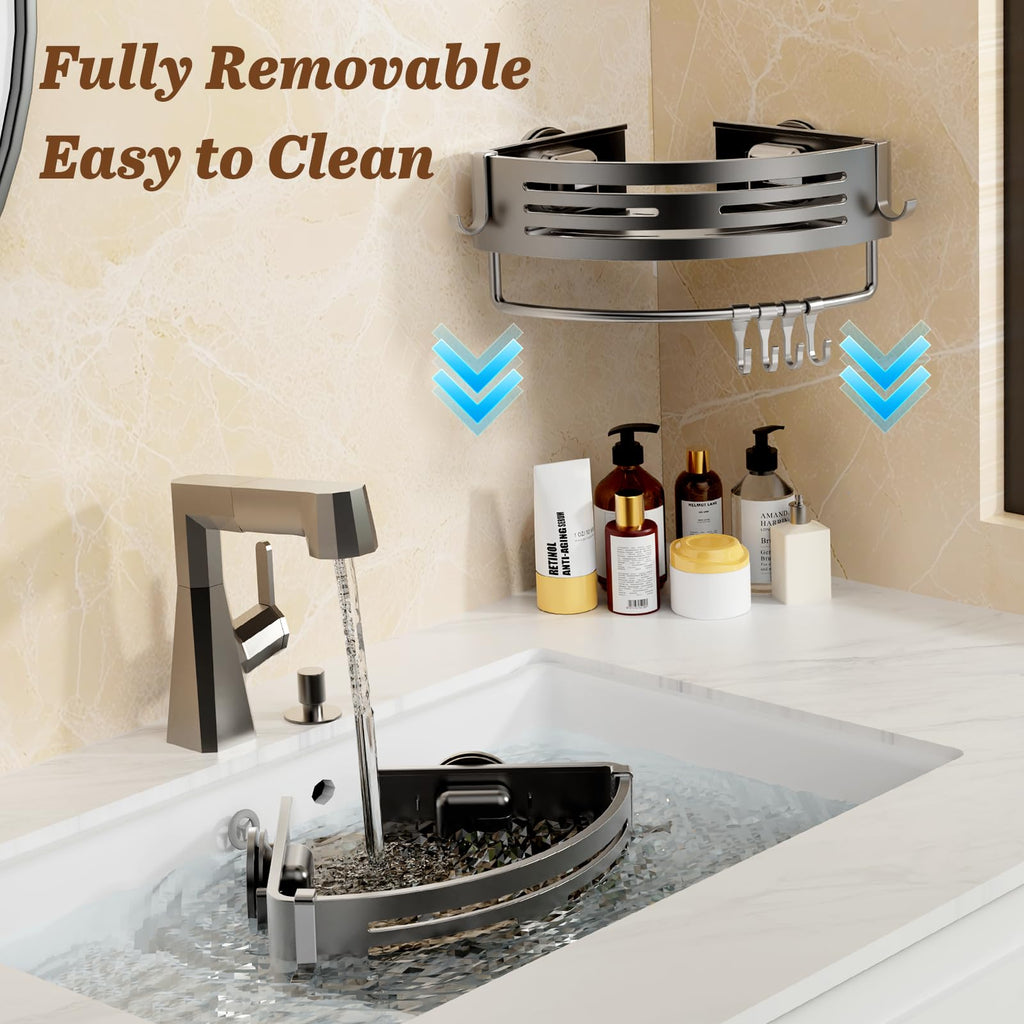 SUBUCOYO Corner Shower Caddy Suction Cup, 2 Pack Shower Shelves Corner No Drilling, Aluminum Alloy Shower Organizer Suction Cup, Removable Bathroom Storage Rack with Towel Bar & Hooks(Gray)